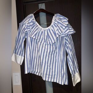 Clu Women’s Blue and White Striped Ruffle Blouse Size M